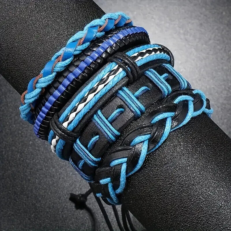 UNISEX 5 Piece Set Handcraft Multi-layer Faux Blue BLACK Leather Bracelet XMAS