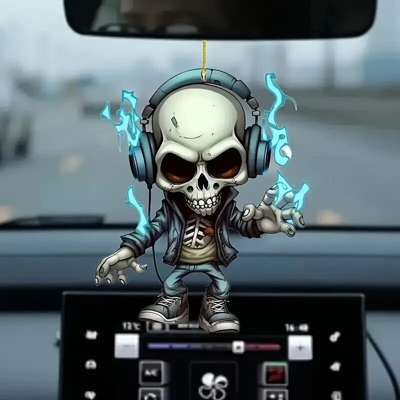 SKULL FIRE Skeleton Figurine Swing Car Hanging HEADPHONES Mirror Pendant 2D FIRE