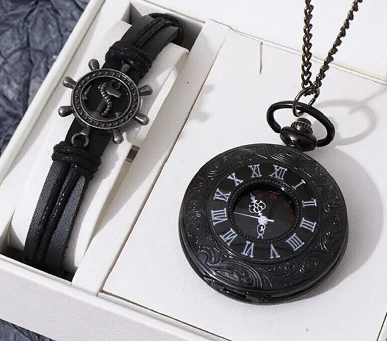 Quartz Pocket Watch Men Leather Bracelet LUFFY SHIP PORTHOLE BLACK SEA ONE PEICE
