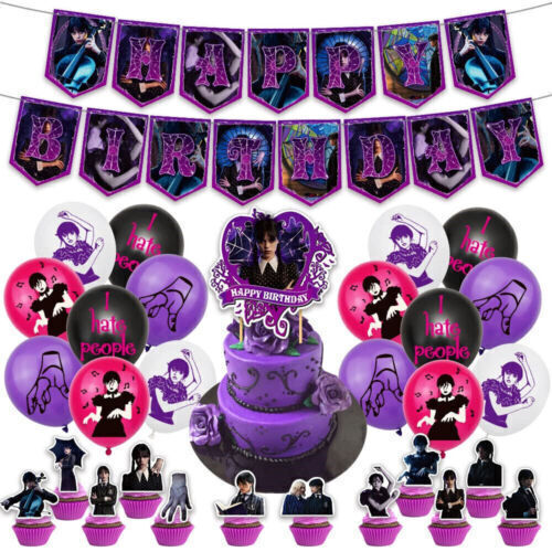 Wednesday Addams Theme Kids Birthday Party Balloons Banner Cupcake Toppers Decor