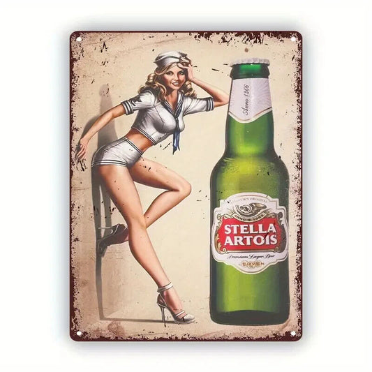 STELLA ARTOIS Retro Tin Sign ALCOHOL WALL MAN CAVE PUB PIN SEXY LADY PIN UP 50'S