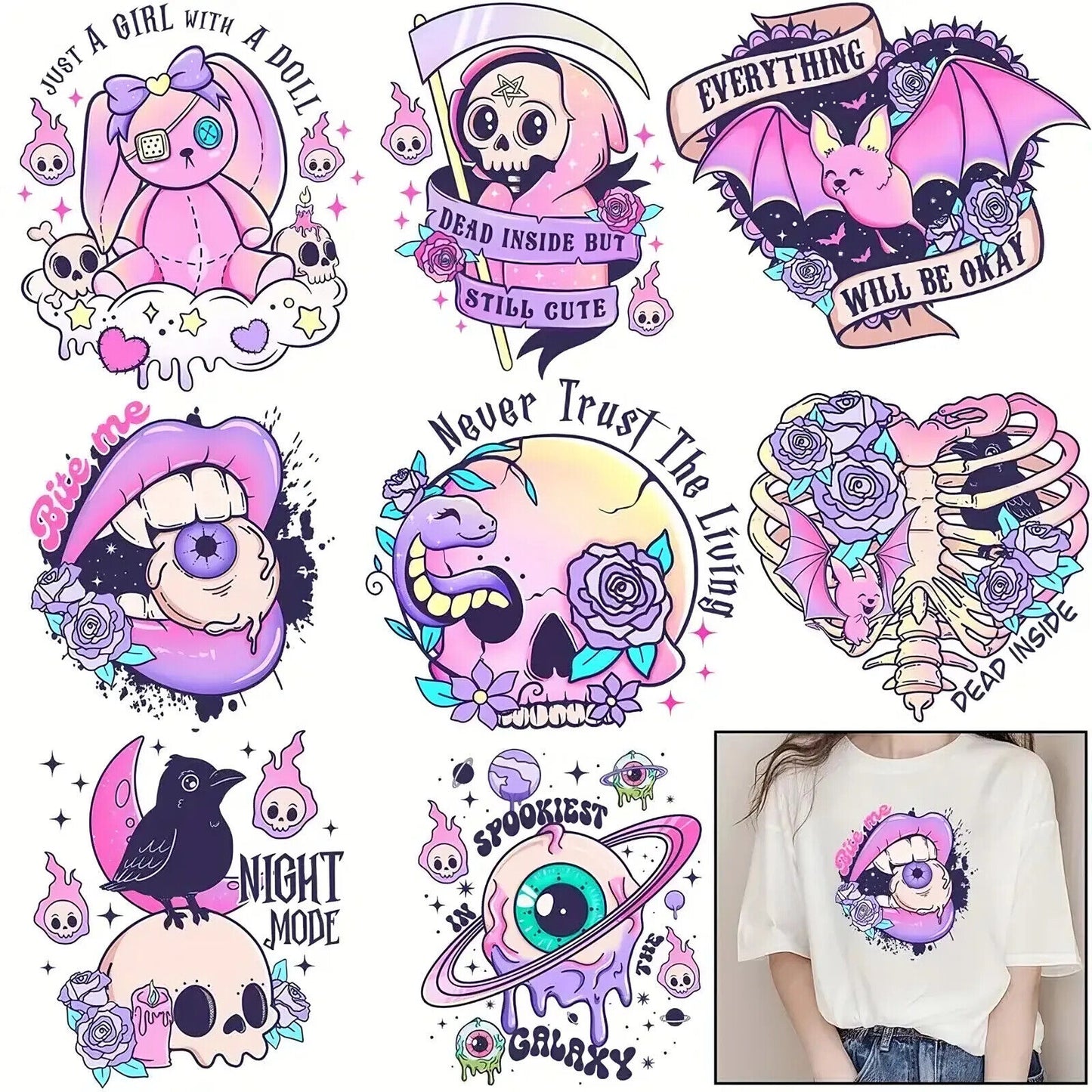 Spooky IRON-ON TRANSFER Flower Spell Pink Skull Skeleton Witch Cute Halloween