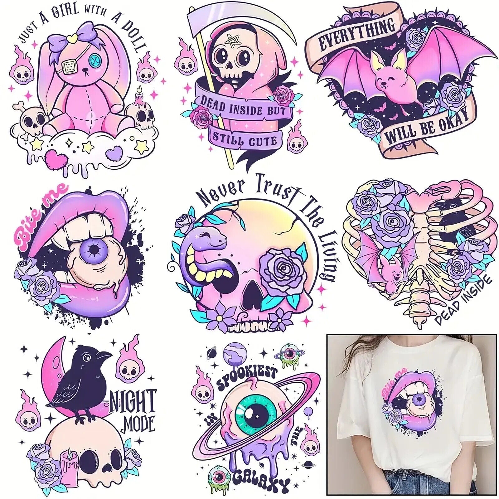 Spooky IRON-ON TRANSFER Flower Spell Pink Skull Skeleton Witch Cute Halloween