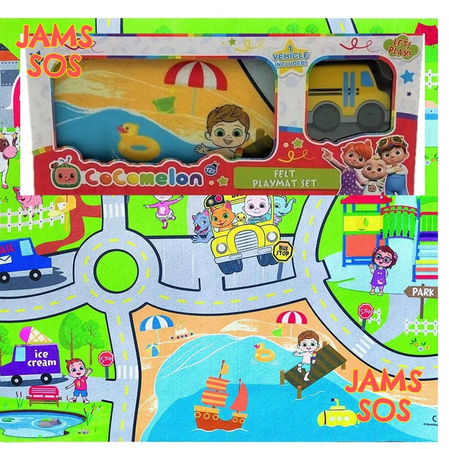 NEW CoComelon Felt Play Mat & Vehicle Set YELLOW TRUCK BEACH CITY 80CM COCO MELO