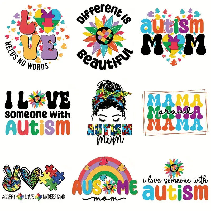 AUTISM MOM MUM IRON-ON TRANSFER LOVE DIFFERENT BEAUTIFUL RAINBOW