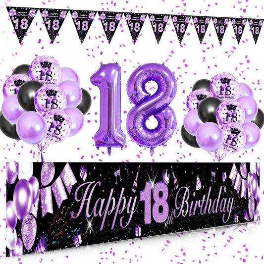 18th Birthday Party Decorations Set 30Pcs Confetti Balloons Banner Purple 18