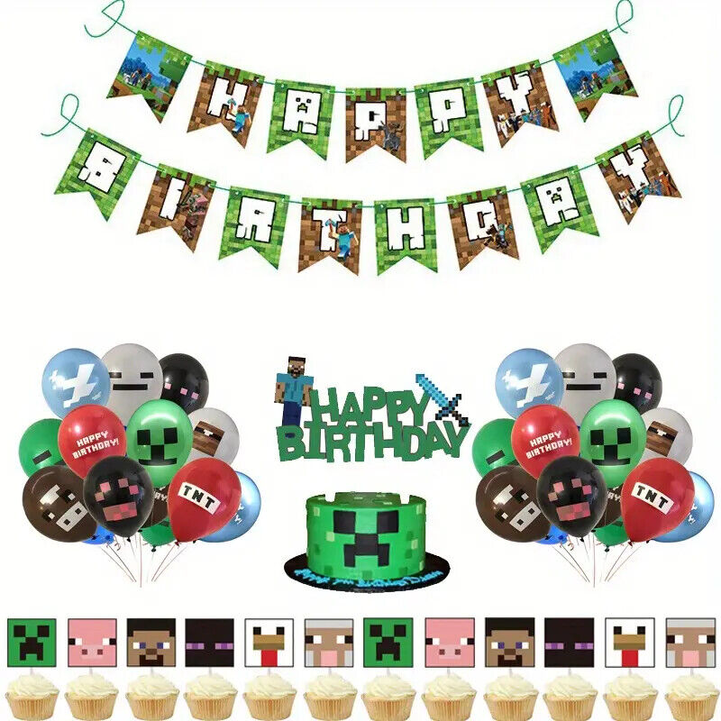 MINECRAFT GAMING PARTY SUPPLIES BALLOONS TOPPERS VIDEO GAME BIRTHDAY DECORATIONS