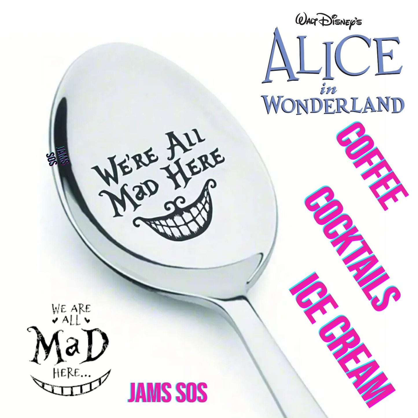 MAD HATTER WERE ALL MAD HERE Spoon ICE CREAM COFFEE SUNDAE SILVER ALICE WONDERLA