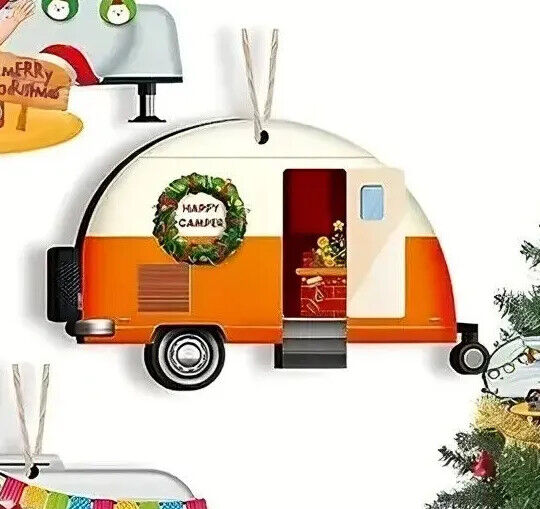 CAMPER TREE DECORATION Santa Snowman Caravan Wooden Christmas TRAVEL XMAS FUN