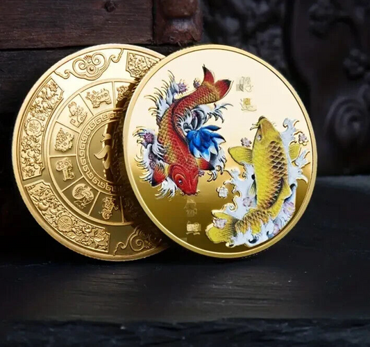Feng Shui Koi Carp Fish Coin Chinese Good Luck Collectable Coin Gold Silver