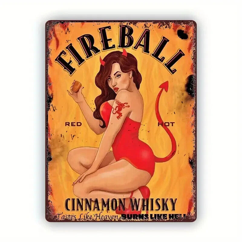 Fireball Cinnamon Whiskey Sign Metal Tin Aluminum Man Cave Bar Garage
