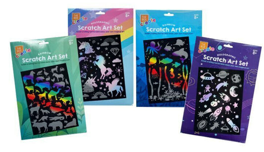 SCRATCH ART Rainbow Holographic Set for Kids Stencil Kit Magic Assorted Tools A4
