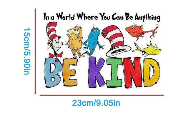 DR SUESS IRON-ON TRANSFER CAT IN A HAT BE KIND HORTON LORAX BLUE FISH