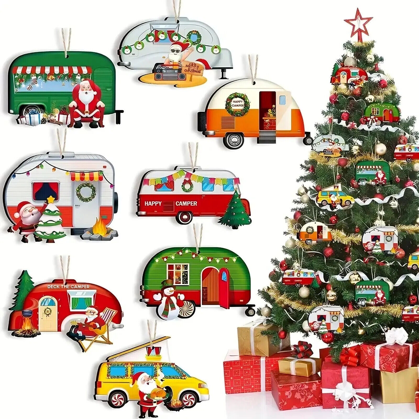 CAMPER TREE DECORATION Santa Snowman Caravan Wooden Christmas TRAVEL XMAS FUN
