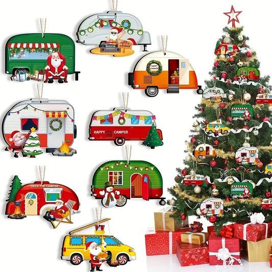 CAMPER TREE DECORATION Santa Snowman Caravan Wooden Christmas TRAVEL XMAS FUN