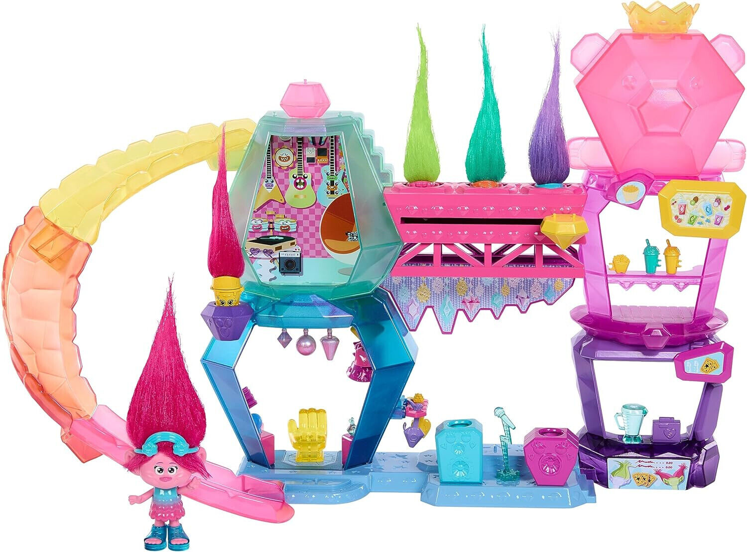 TROLLS QUEEN POPPY Band Together Mount Rageous Playset 25+Accessories4 Hair Pops