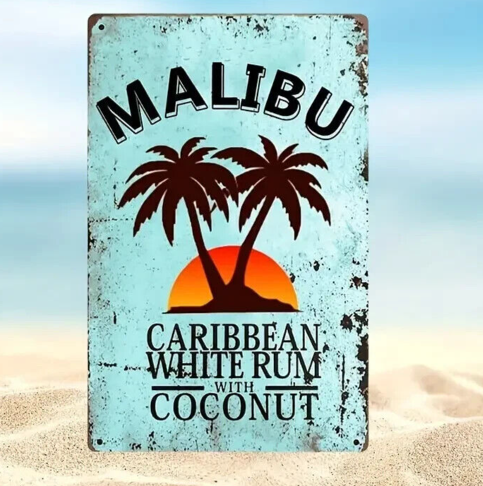 Malibu Rum Tin Sign New Rustic Look Caribbean White Run Coconut Palm Trees Bar
