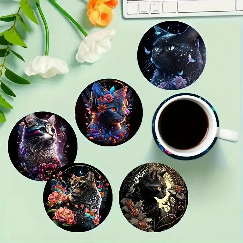 9 Beautiful NEON ABSTRACT MYSTICAL Cat Kitten Coasters Drinks Coaster Gift MAGIC