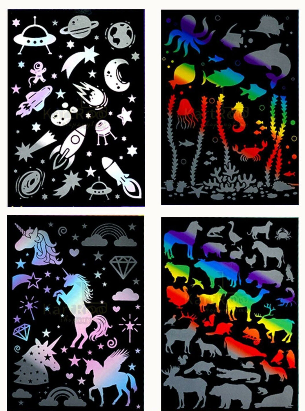 SCRATCH ART Rainbow Holographic Set for Kids Stencil Kit Magic Assorted Tools A4