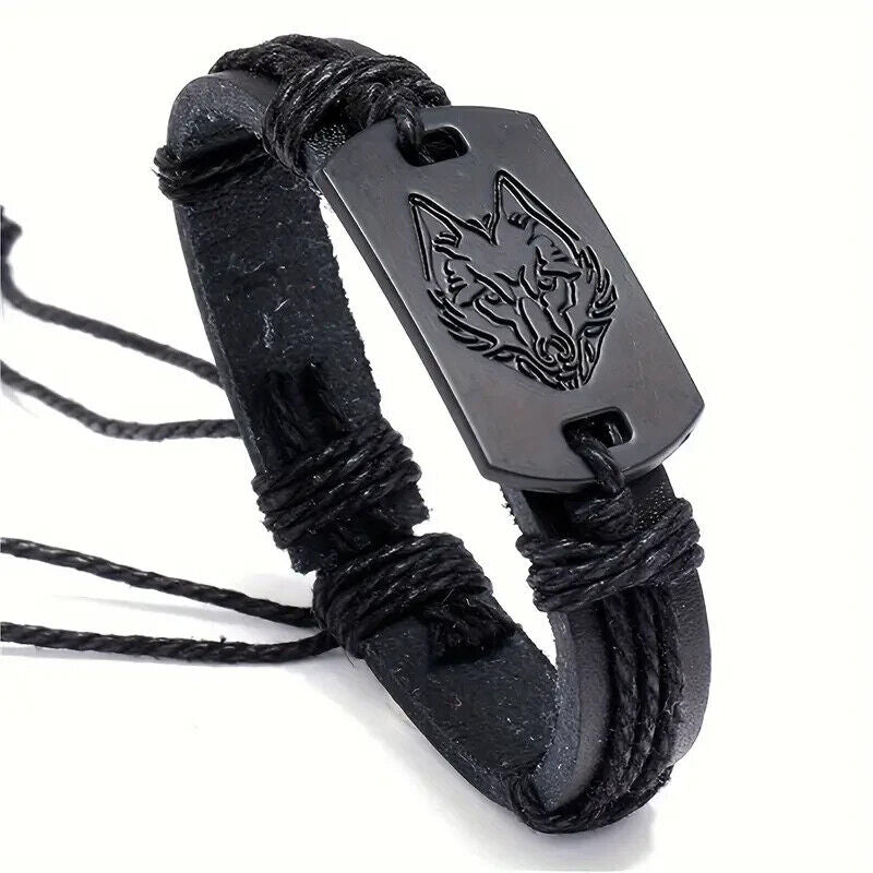 Mens Vintage Viking Black Leather Norse Metal Rune Valknut Wolf Design Bracelet 