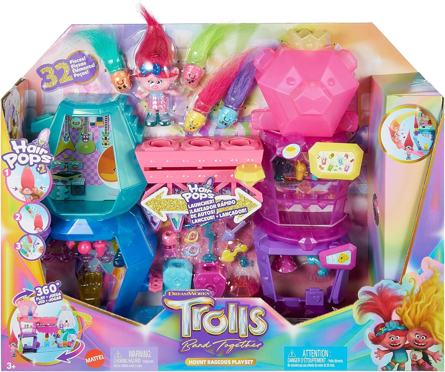 TROLLS QUEEN POPPY Band Together Mount Rageous Playset 25+Accessories4 Hair Pops