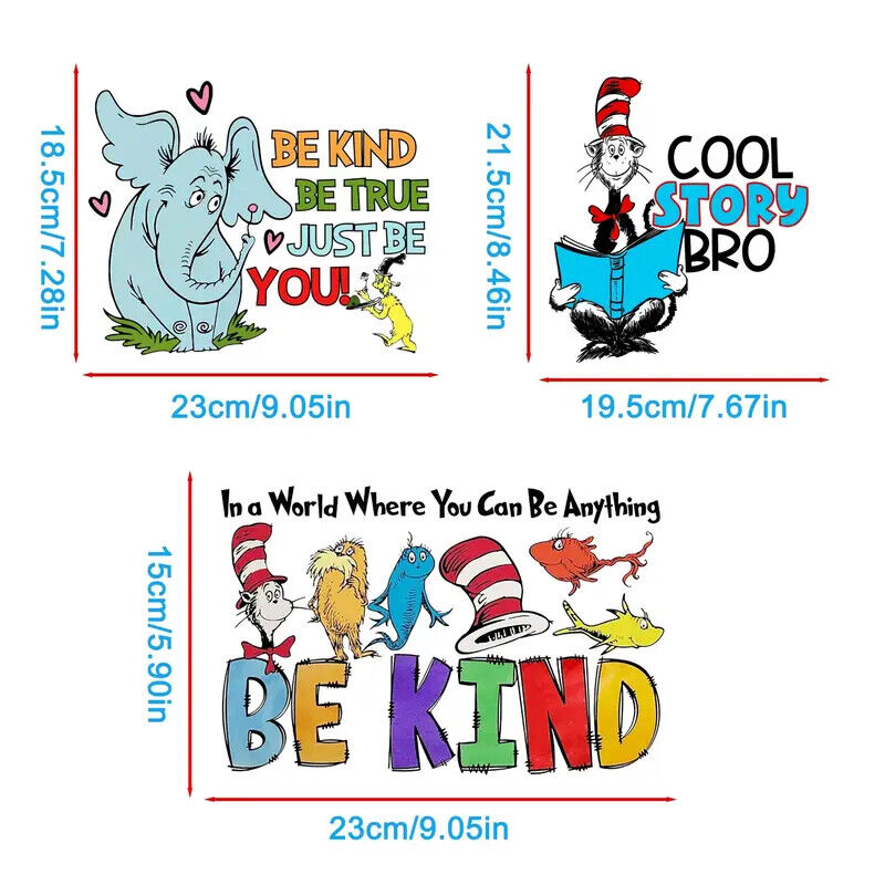 DR SUESS IRON-ON TRANSFER CAT IN A HAT BE KIND HORTON LORAX BLUE FISH