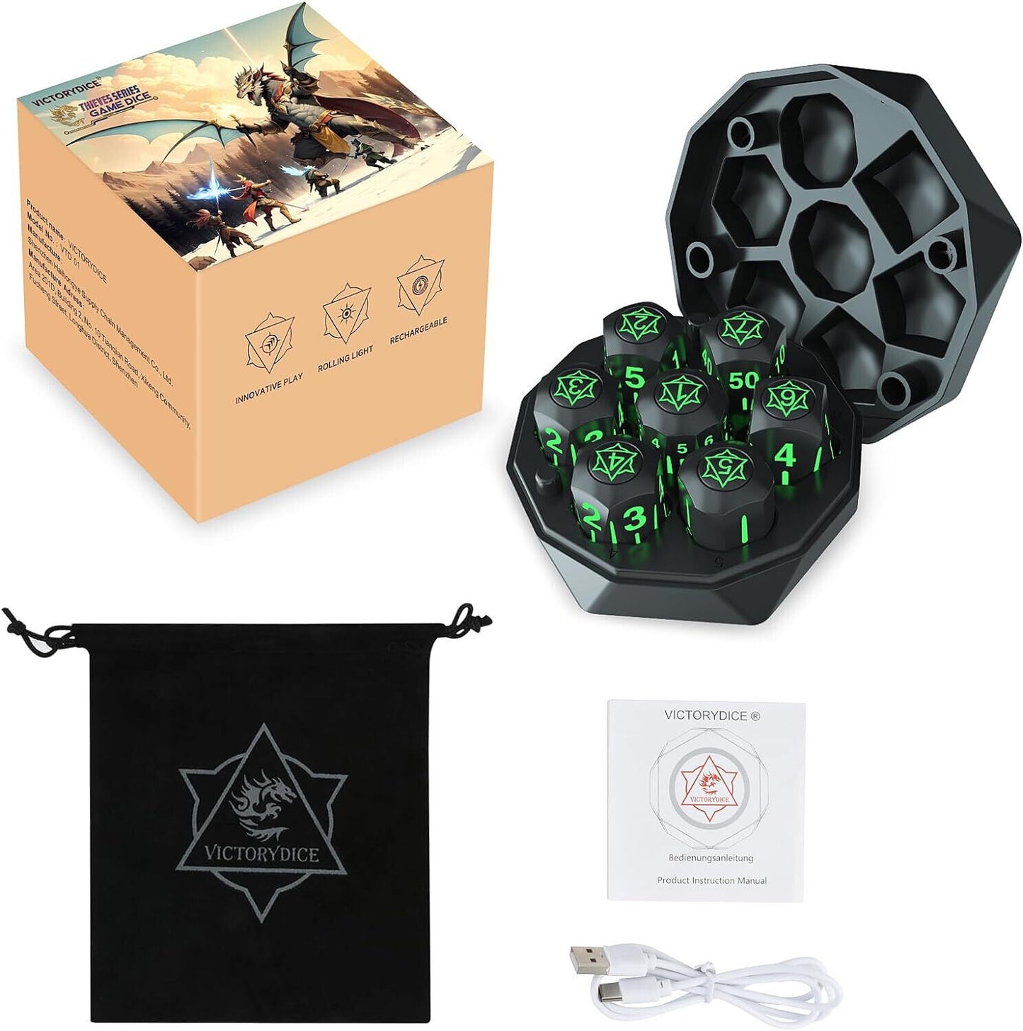 Rechargeable Light Up DND Dice 7PCS Set Luminous Glow LED Charging Box DRAGONS