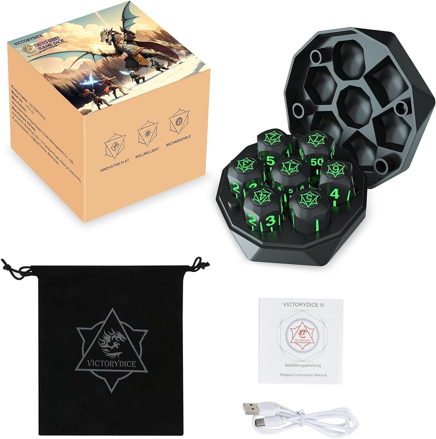 Rechargeable Light Up DND Dice 7PCS Set Luminous Glow LED Charging Box DRAGONS