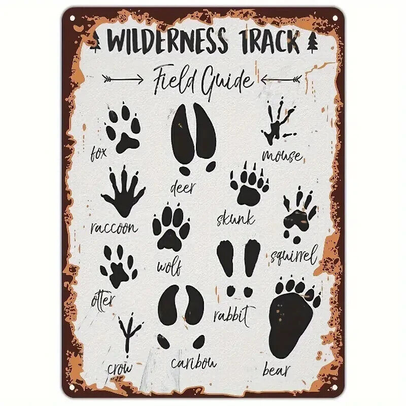 WILDERNESS TRACK METAL TIN SIGN WOODLAND ANIMALS FOOTPRINT MOUSE BEAR RABBIT