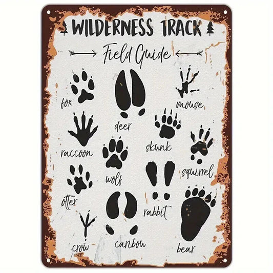 WILDERNESS TRACK METAL TIN SIGN WOODLAND ANIMALS FOOTPRINT MOUSE BEAR RABBIT