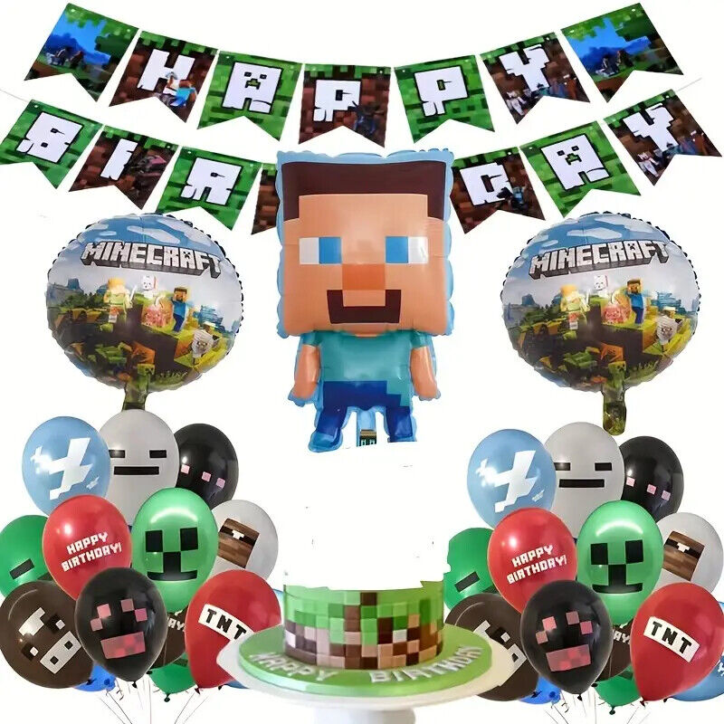 MINECRAFT GAMING PARTY SUPPLIES BALLOONS TOPPERS VIDEO GAME BIRTHDAY DECORATIONS