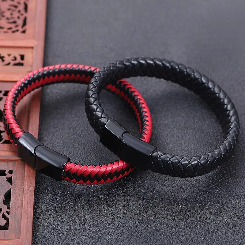 Mens Casual Style Woven PU Leather Wristband Magnetic Clasp UK RED BLACK BROWN