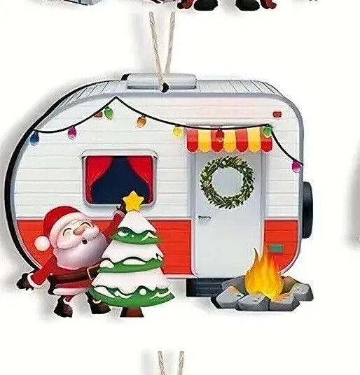 CAMPER TREE DECORATION Santa Snowman Caravan Wooden Christmas TRAVEL XMAS FUN