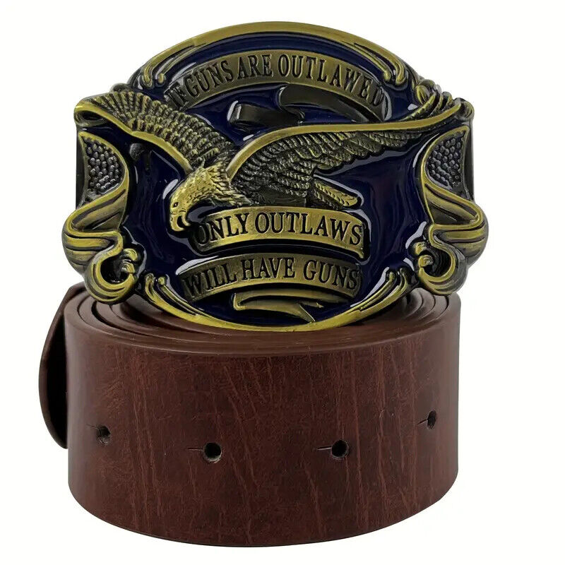 Belt buckle solid brass American USA bald eagle bird ONLY OUTLAWS WILL HAVE GUNS