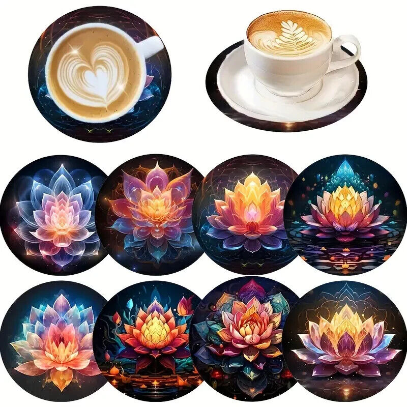 8 X Round WOOD NEON Coaster Pink Lotus Flower Peace Spiritual HEAT RESISTANT