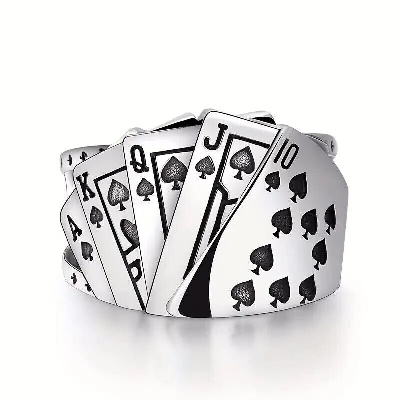 Hot Poker Lucky Ring Casino Game Card Men Ace Spades ROYAL FLUSH Silver Ring