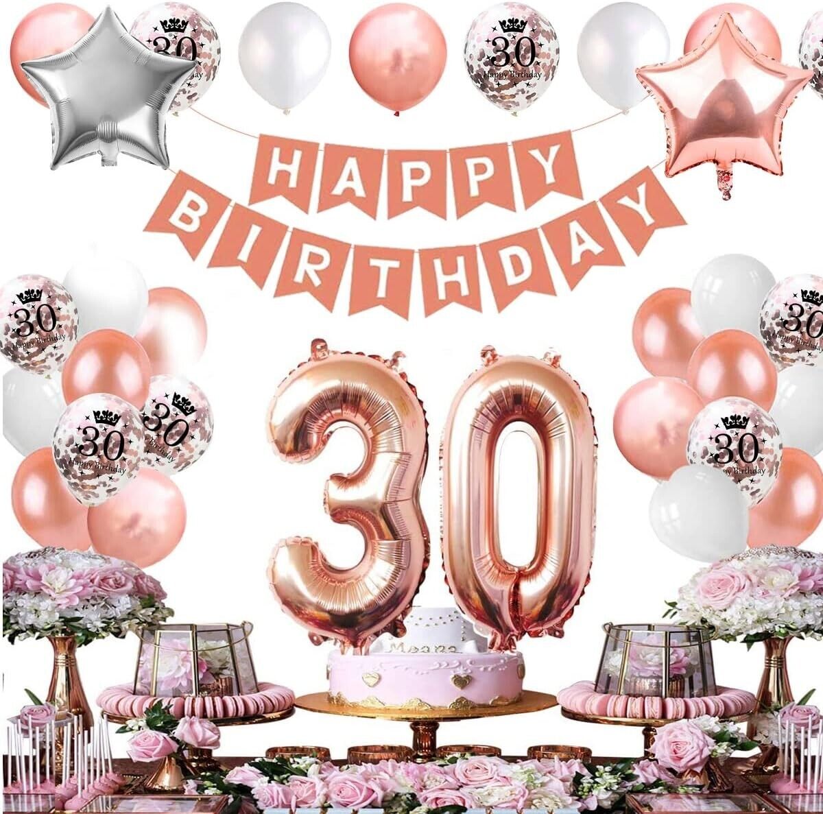 30th Birthday Party Decorations Set 36Pcs ROSE GOLD Balloons Banner PINK 30