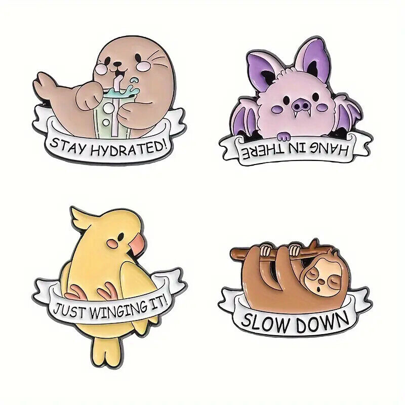 ANIMAL Metal Enamel Pin Badge Retro Kids Adult Teen BAT SLOTH  SEAL PARROT QUOTE