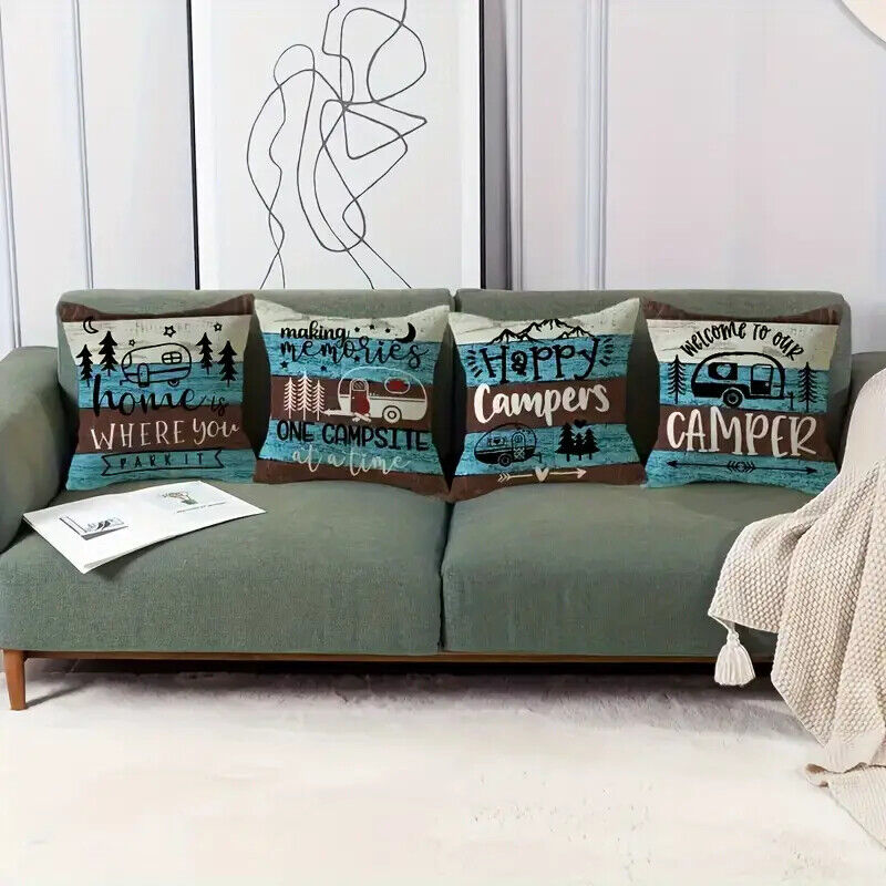 CAMPER CAMPING CARAVAN Pillow Case Cushion Cover Home Decor MEMORIES WELCOME