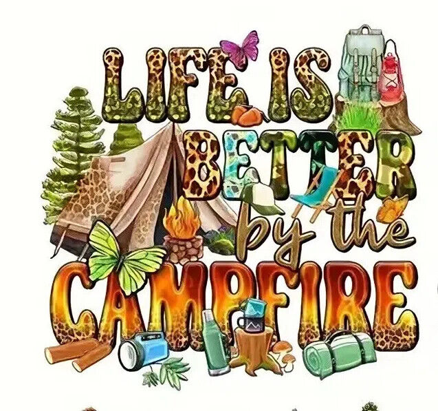CAMPING CAMPER IRON-ON TRANSFER LOVE HIPPY FRIENDS TRAVEL GLAMP ADVENTURE FIRE
