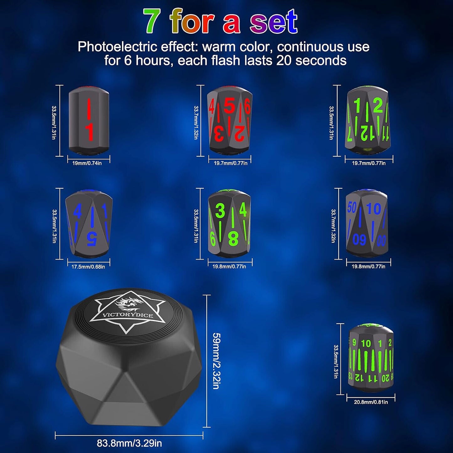 Rechargeable Light Up DND Dice 7PCS Set Luminous Glow LED Charging Box DRAGONS