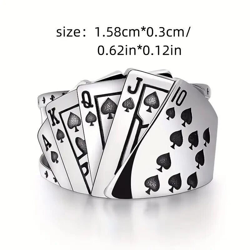 Hot Poker Lucky Ring Casino Game Card Men Ace Spades ROYAL FLUSH Silver Ring