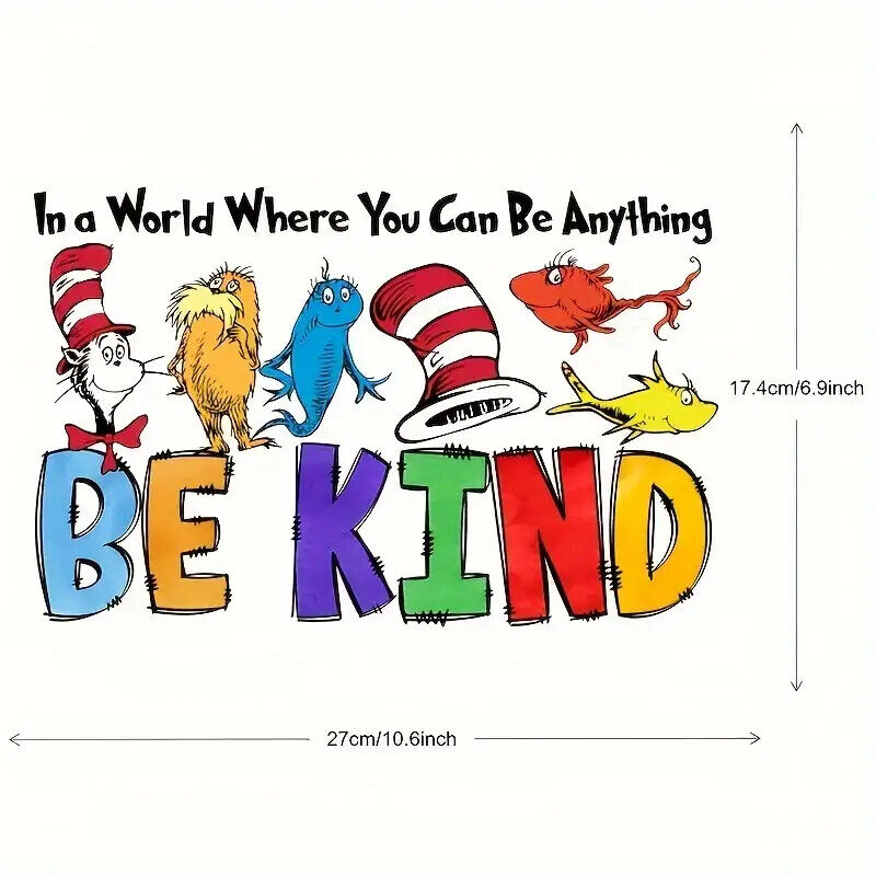 DR SUESS IRON-ON TRANSFER CAT IN A HAT BE KIND HORTON LORAX BLUE FISH