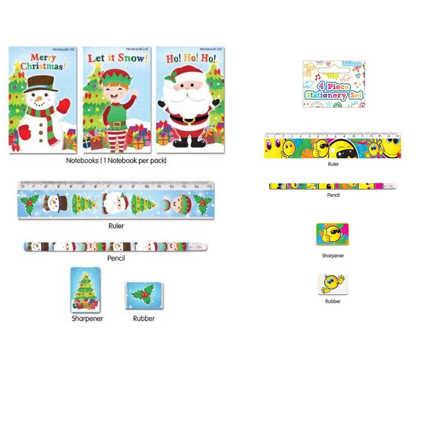 CHRISTMAS ELF SANTA SMILEY HAPPY FACE 4 PIECE STATIONERY SET Pencil Ruler Eraser