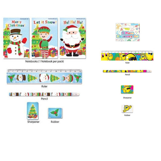 CHRISTMAS ELF SANTA SMILEY HAPPY FACE 4 PIECE STATIONERY SET Pencil Ruler Eraser