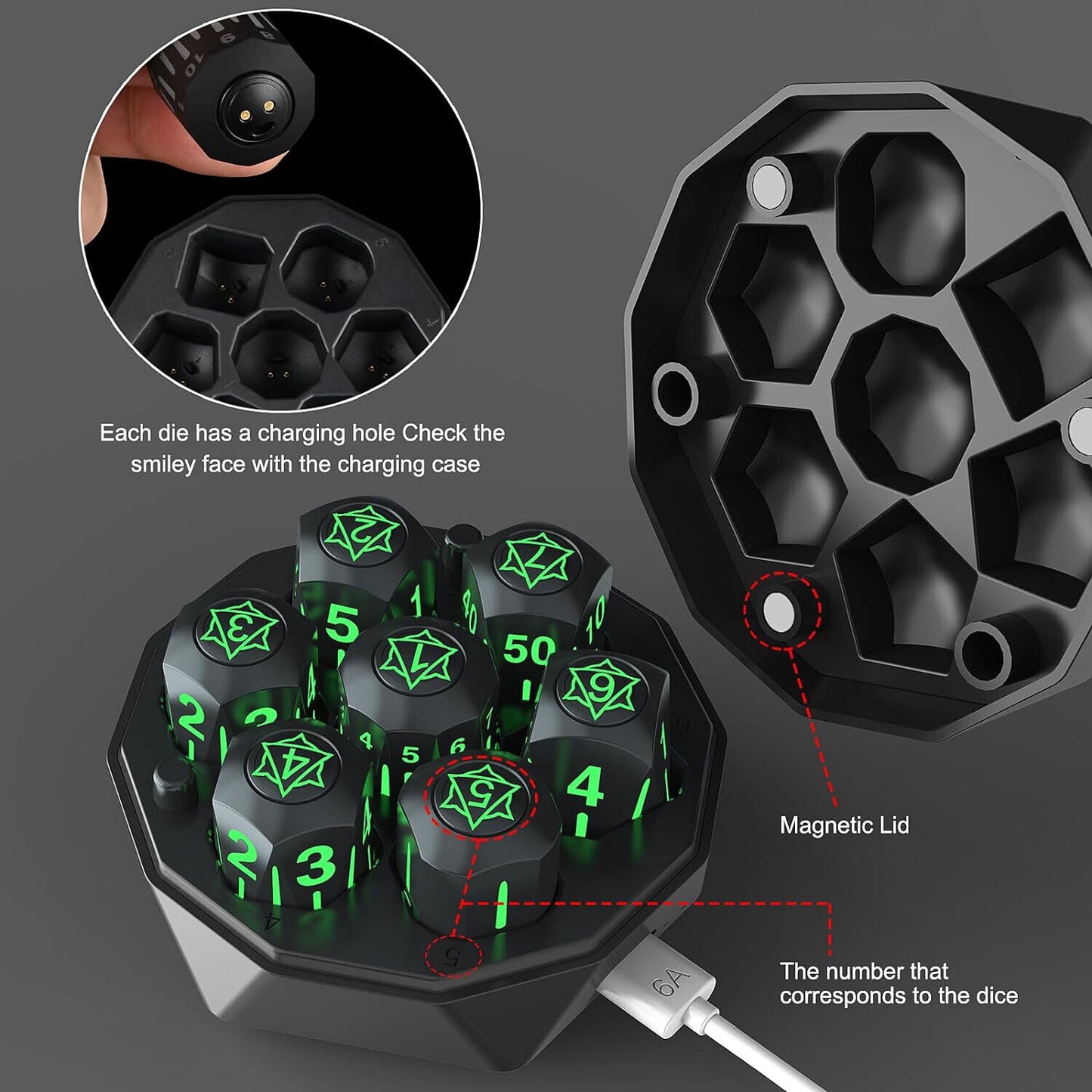 Rechargeable Light Up DND Dice 7PCS Set Luminous Glow LED Charging Box DRAGONS