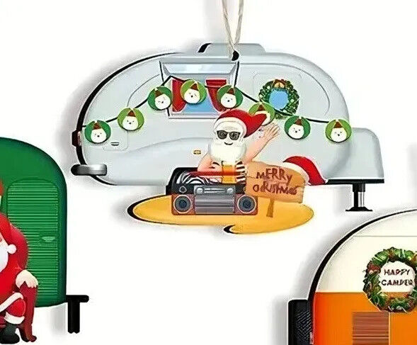 CAMPER TREE DECORATION Santa Snowman Caravan Wooden Christmas TRAVEL XMAS FUN