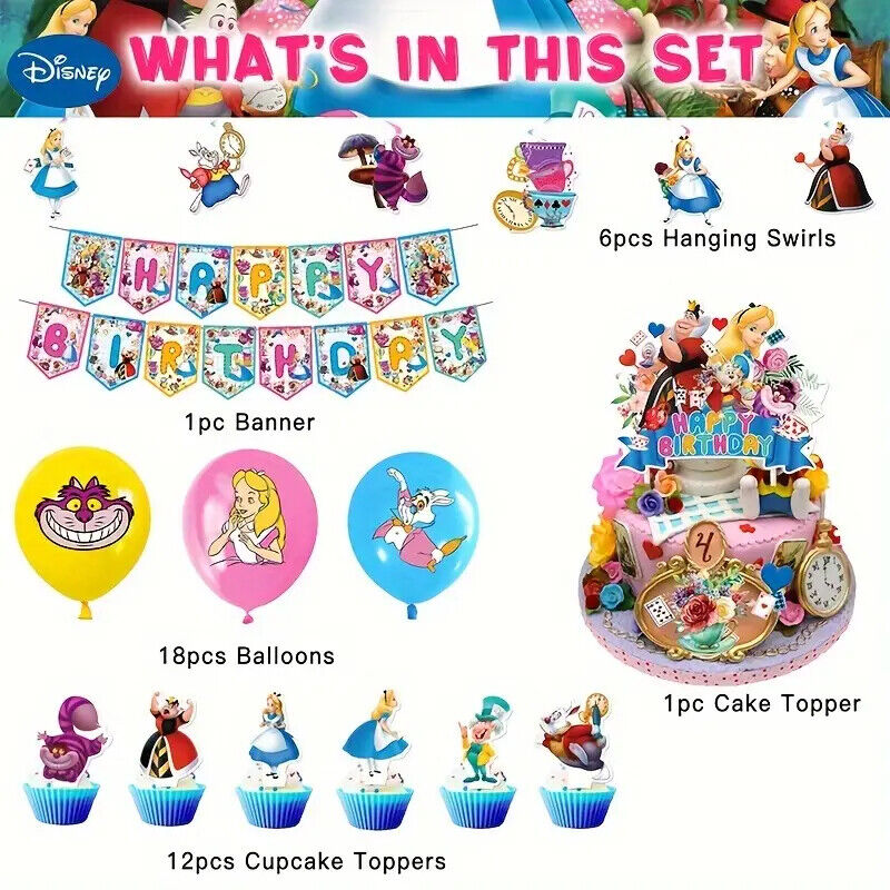 DISNEY ALICE IN WONDERLAND Party Decorations Balloons Birthday Kid Banner Cake