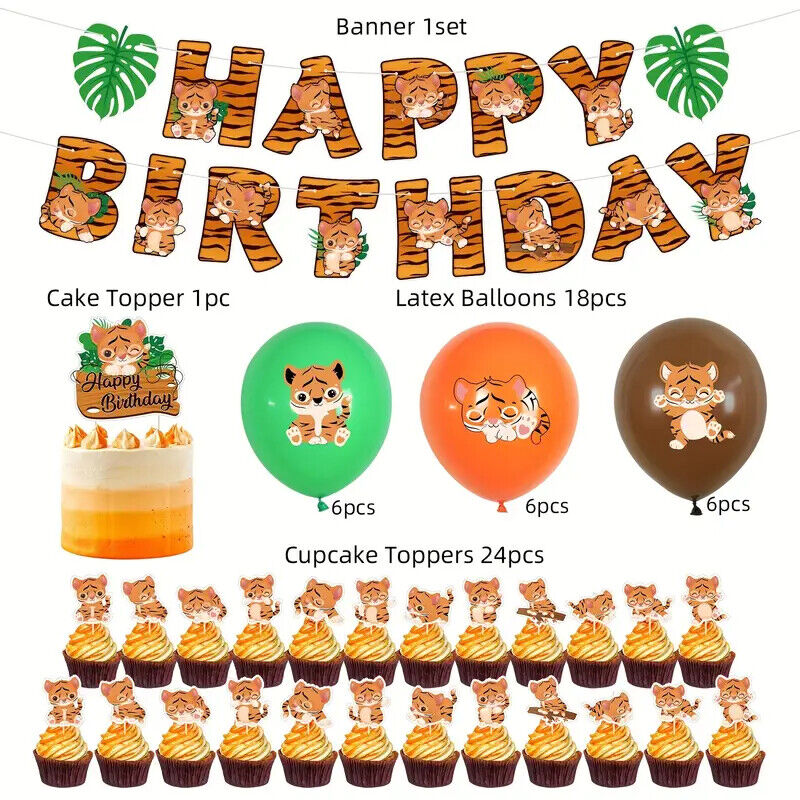 Tiger Lion Cub Party Decorations Balloons Birthday Kids Banner Cake Toppers