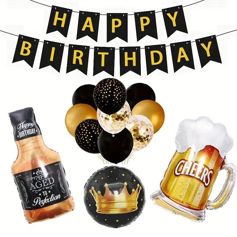 Happy Birthday Party Black & Gold Decorations Beer Whiskey Crown Banner Balloon